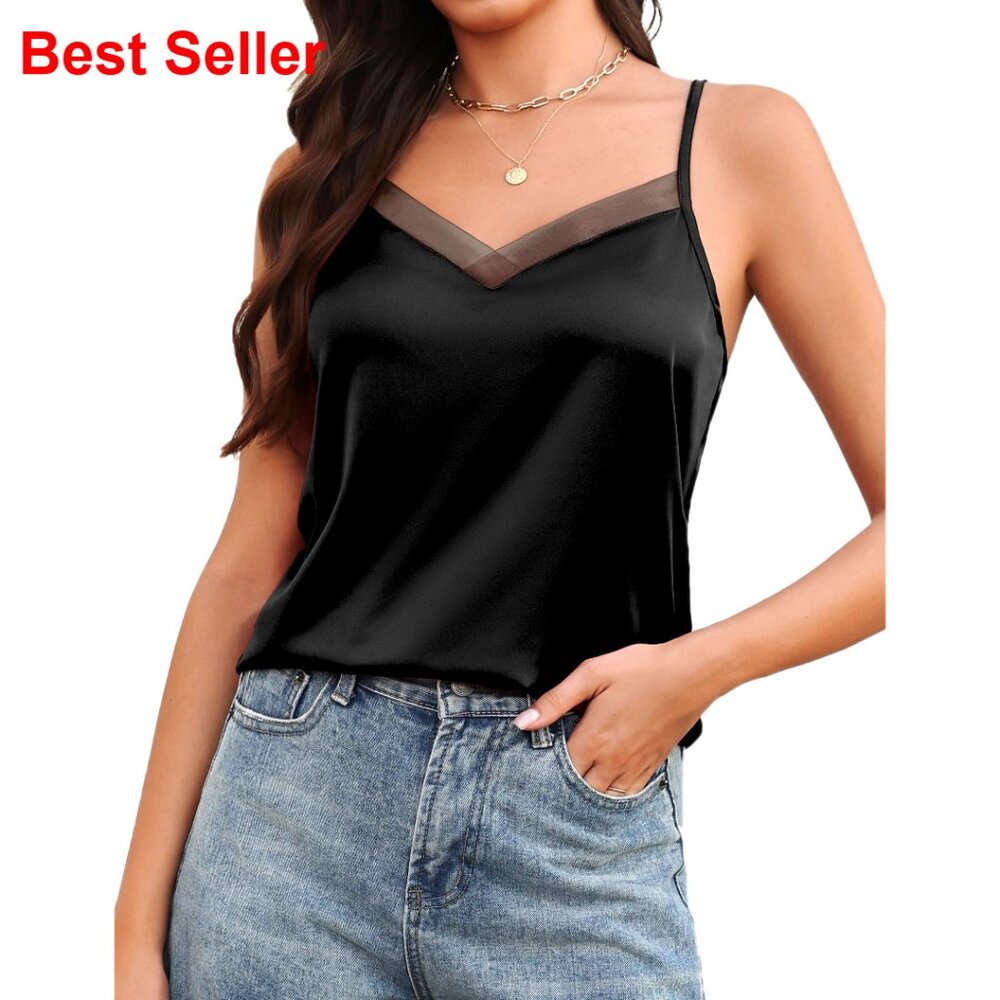 Silk Satin V-Neck Camisole Adjustable Strap Relaxed Fit Summer Cami
